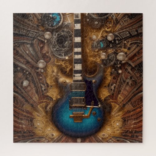 Fantasy Steampunk Vintage Blue Guitar Watercolor Jigsaw Puzzle