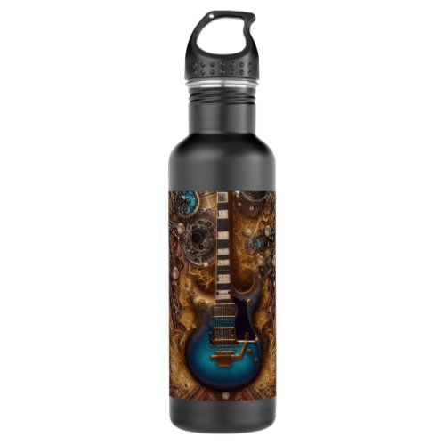 Fantasy Steampunk Vintage Blue Guitar Watercolor Stainless Steel Water Bottle