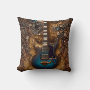 Fantasy Steampunk Vintage Blue Guitar Watercolor Throw Pillow