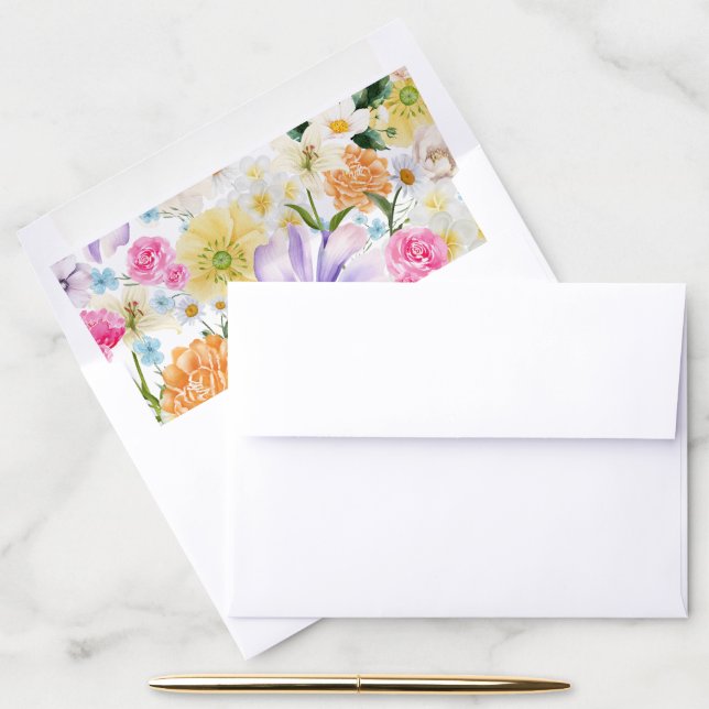 Fantasy Summer Garden Watercolor Floral Wedding Envelope Liner (Desk)