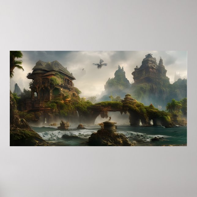 Fantasy summer vacation resort with a stone bridge poster (Front)