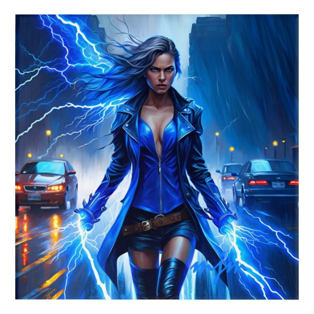 Fantasy Super Hero Girl With Lightning Power Acrylic Print (Front)