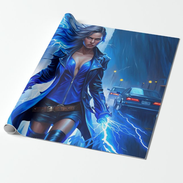 Fantasy Super Hero Girl With Lightning Power Wrapping Paper (Unrolled)