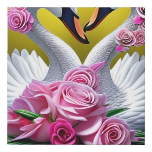 Fantasy Swan Couple Bouquet with Flowers and Heart Faux Canvas Print
