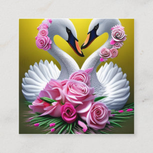 Fantasy Swan Couple Bouquet with Flowers and Heart Square Business Card