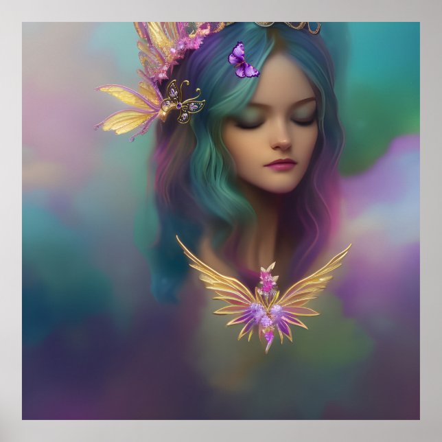 Fantasy Sweet Fairy Girl purple Teal pink Wings 3 Poster (Front)