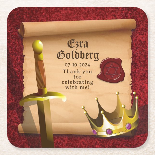 Fantasy Sword Crown Medieval Knight Bar Mitzvah Square Paper Coaster (Front)
