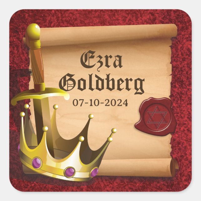 Fantasy Sword Crown Medieval Knight Bar Mitzvah Square Sticker (Front)