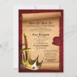 Fantasy Sword Crown Medieval Times Bar Mitzvah Invitation<br><div class="desc">Fantasy sword and crown Jewish Bar Mitzvah invitation. This medieval times fantasy sword and sorcery Bar Mitzvah invitation features a red velvet look background, a simulated parchment scroll, a king's or prince's crown, a sword, and a wax seal with a subtle Jewish Star of David. All the wording can be...</div>