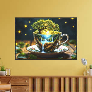 Fantasy teacup miniature world waterfalls canvas print