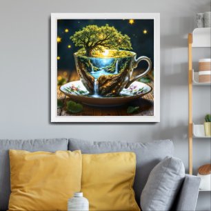 Fantasy teacup miniature world waterfalls framed art