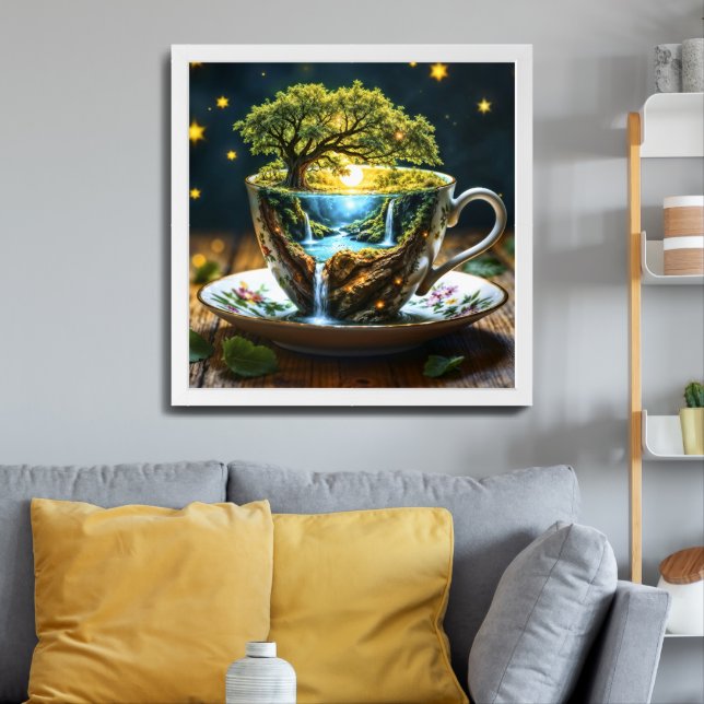 Fantasy teacup miniature world waterfalls framed art (Living Room 3)
