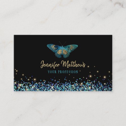 Fantasy Teal  Gold Glitter Watercolor Butterfly Business Card
