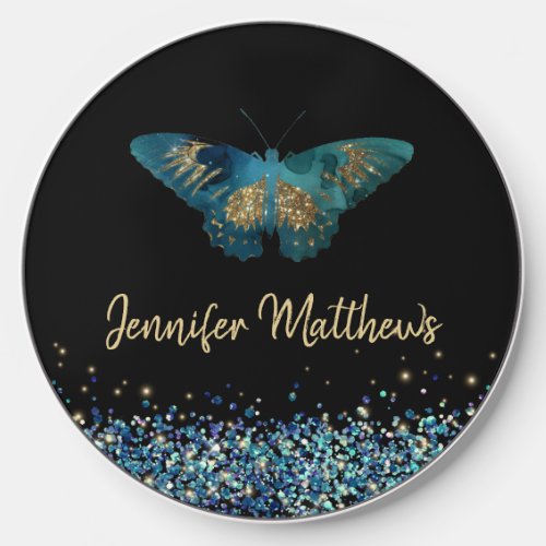 Fantasy Teal Gold Glitter Watercolor Butterfly Wireless Charger
