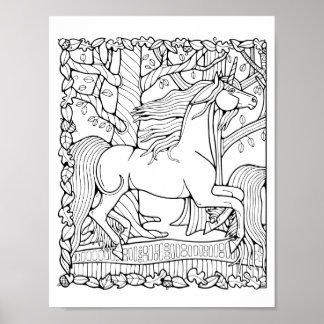 Fantasy Tree Forest Unicorn Coloring Page Art Poster