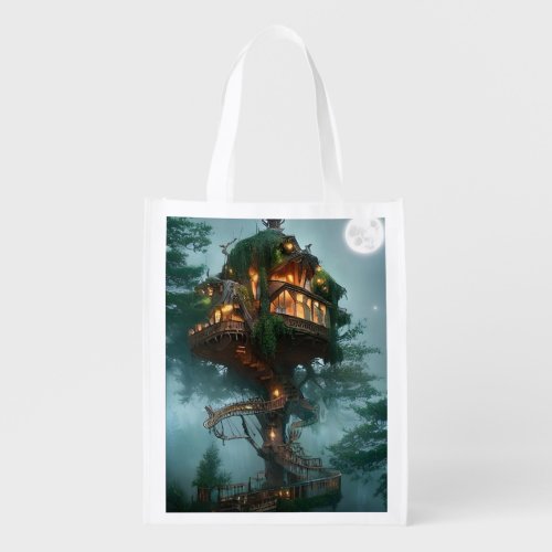 Fantasy Tree House Digital Artwork  Grocery Bag