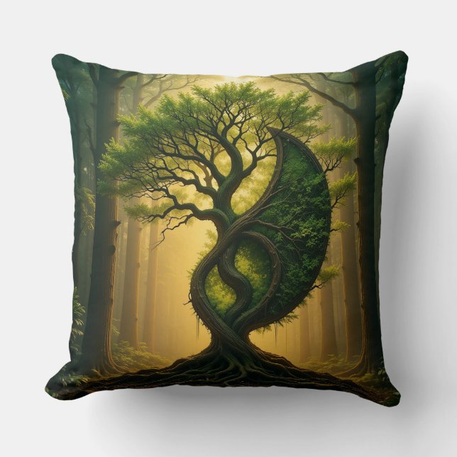 Fantasy Tree Shaped as Yin Yang in Mystical Wood Throw Pillow (Front)