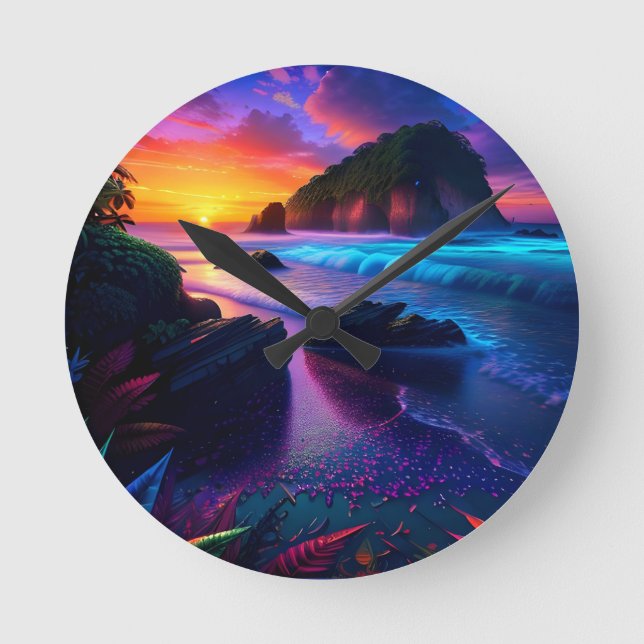 Fantasy Tropical Beach One Round Clock (Front)