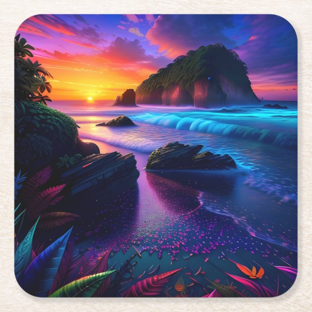 Fantasy Tropical Beach One Square Paper Coaster (Front)