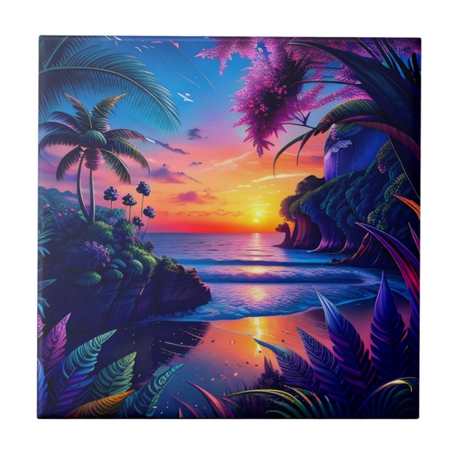 Fantasy Tropical Beach Two Ceramic Tile (Front)