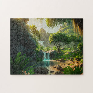 Fantasy Tropical Paradise Landscape with Waterfall Jigsaw Puzzle