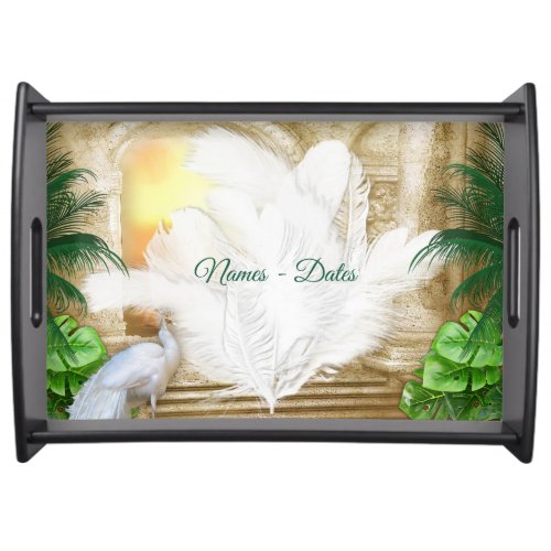Fantasy Tropical Temple Scenery  White Feathers Serving Tray