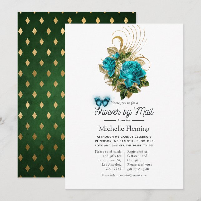 Fantasy Turquoise - Teal and Gold Shower by Mail Invitation (Front/Back)