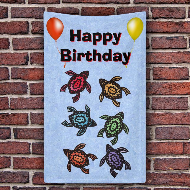 Fantasy Turtles Coloured Shells Balloons Birthday Banner (Colourful turtles abstract shells balloons on light blue Happy Birthday party backdrop.)