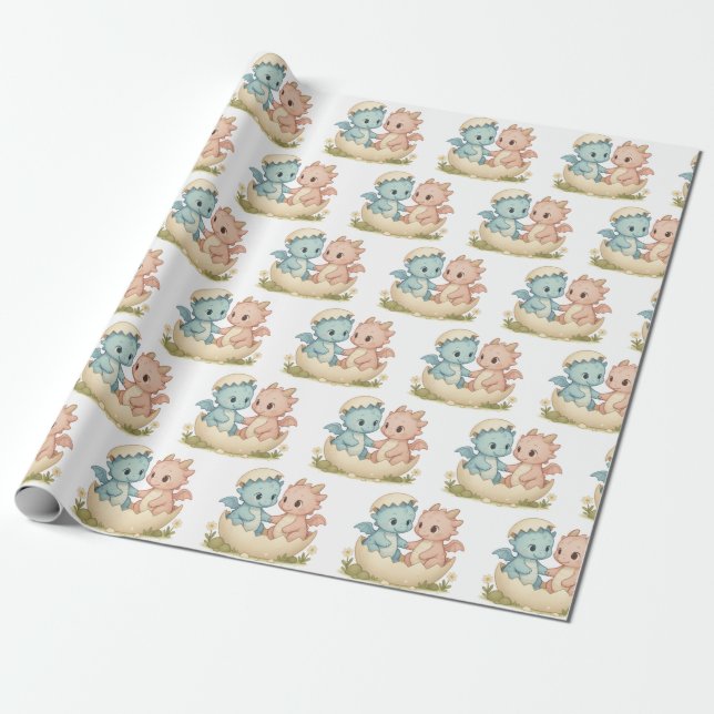 Fantasy Twin Baby Dragons Gift Wrapping Paper (Unrolled)