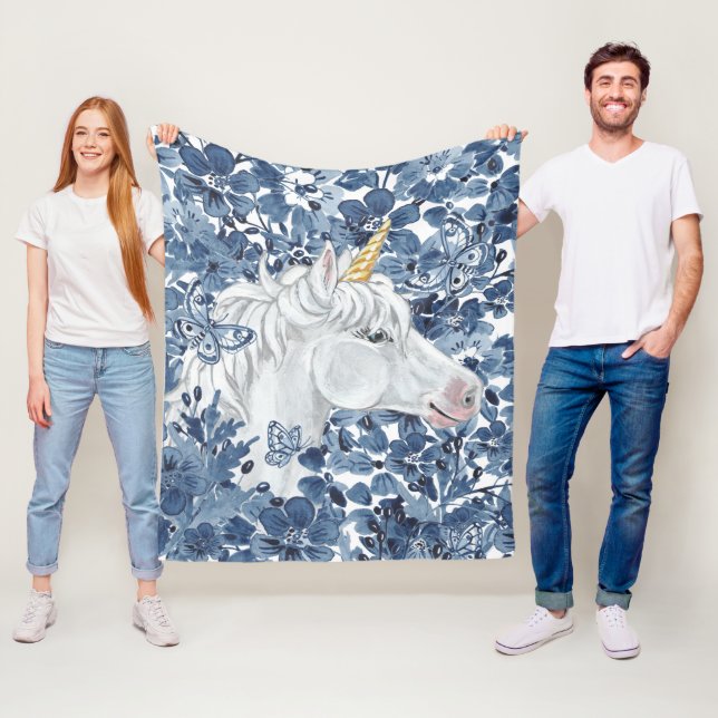 Fantasy Unicorn Blue Flowers Butterflies Girly Fleece Blanket (In Situ)
