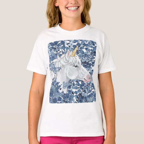 Fantasy Unicorn Blue Flowers Butterflies Girly T_Shirt
