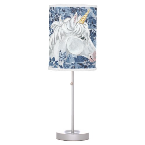 Fantasy Unicorn Blue Flowers Butterflies Girly Table Lamp