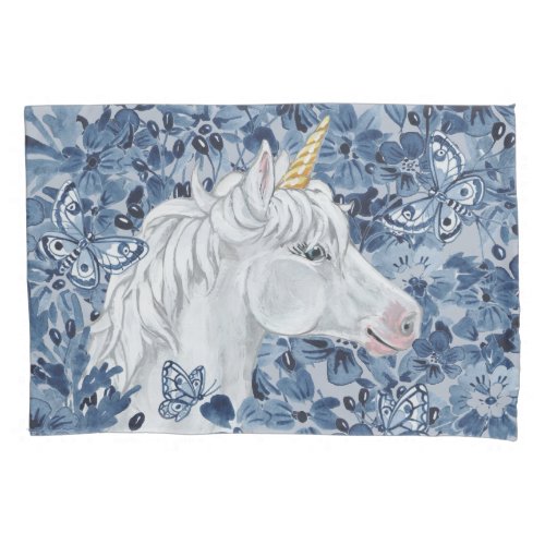 Fantasy Unicorn Blue Flowers Butterflies Magical Pillow Case