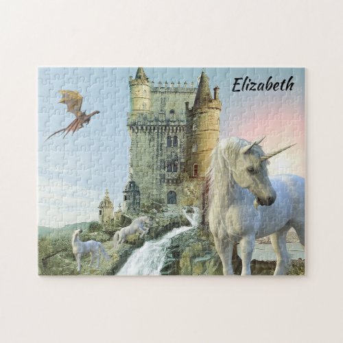 Fantasy Unicorn Castle Dragon Personalized Jigsaw Puzzle