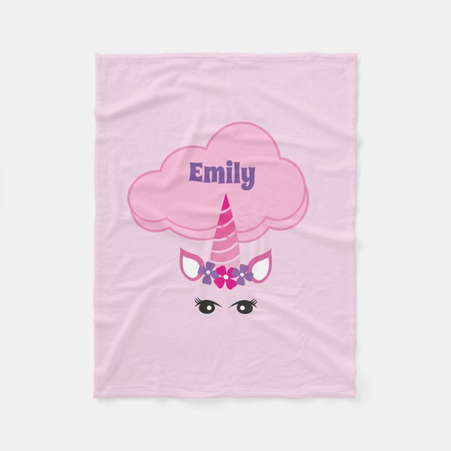 Fantasy Unicorn Floral Cloud Pink Personalized Fleece Blanket (Front)