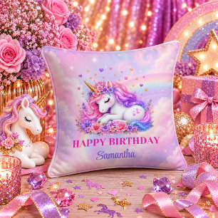 Fantasy Unicorn Girl Birthday Pink Purple Pillow