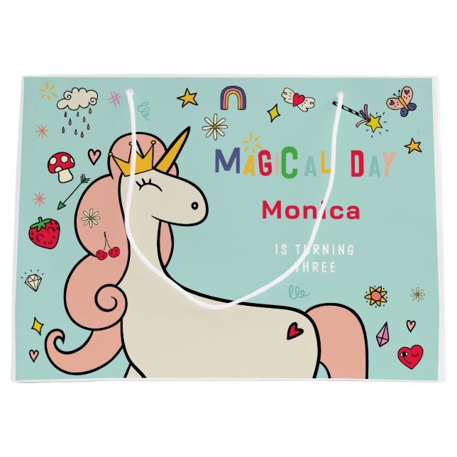 Fantasy unicorn kids birthday large gift bag (Front)