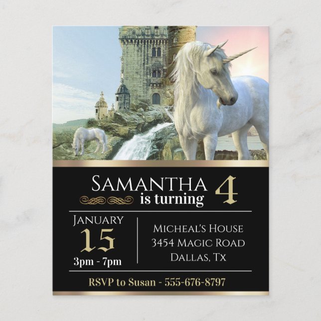 Fantasy Unicorn Medieval Castle Metallic Birthday  (Front)