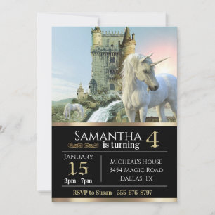 Fantasy Unicorn Medieval Castle Metallic Birthday Invitation