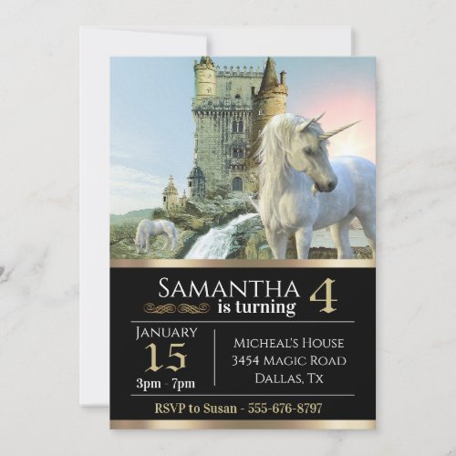 Fantasy Unicorn Medieval Castle Metallic Birthday Invitation