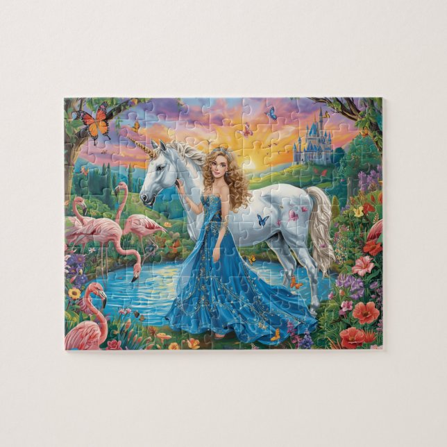 Fantasy Unicorn Princess Castle Flamingo Art Jigsaw Puzzle (Horizontal)