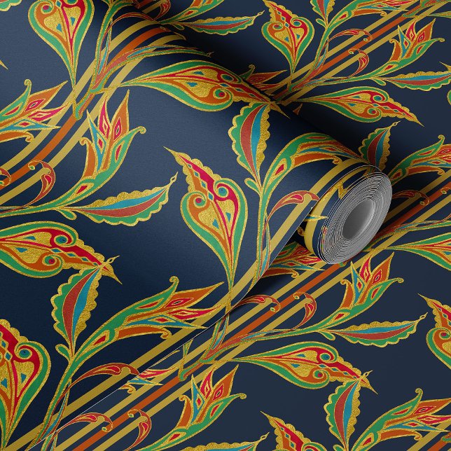Fantasy vine of gold, red, gree, leaves on navy wallpaper  (Creator Uploaded)