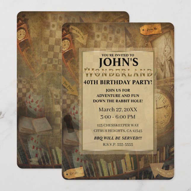 Fantasy Vintage Alice in Wonderland Birthday Party Invitation (Front/Back)