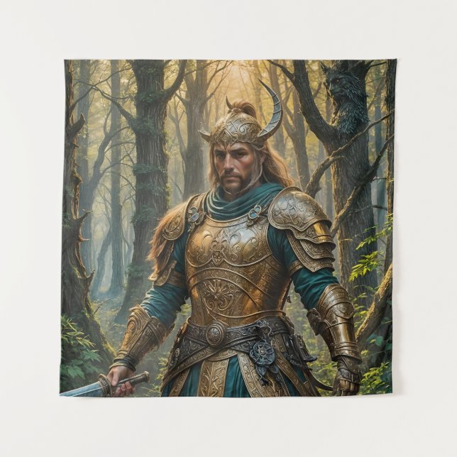 Fantasy Warrior in Golden Armor Tapestry (Front)