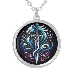 Fantasy Warrior Mystic Dragon Sword Flame Silver Plated Necklace