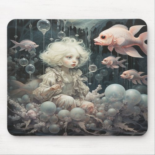 Fantasy Water Baby Nymph Golden Hair Fish Bubbles Mouse Pad