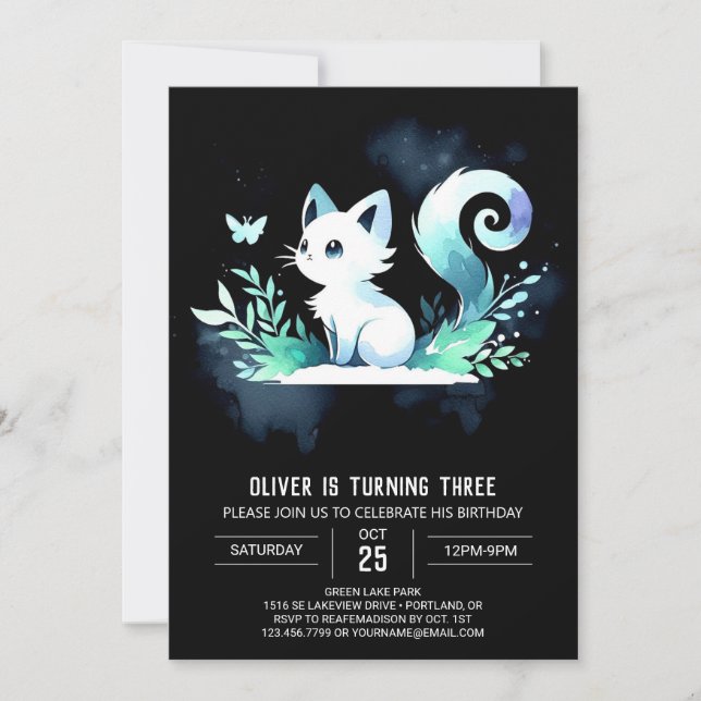 Fantasy Watercolor Cat Birthday  Invitation (Front)