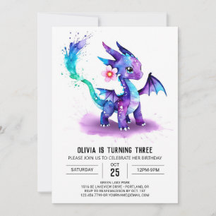 Fantasy Watercolor Dragon Digital Girl Birthday Invitation