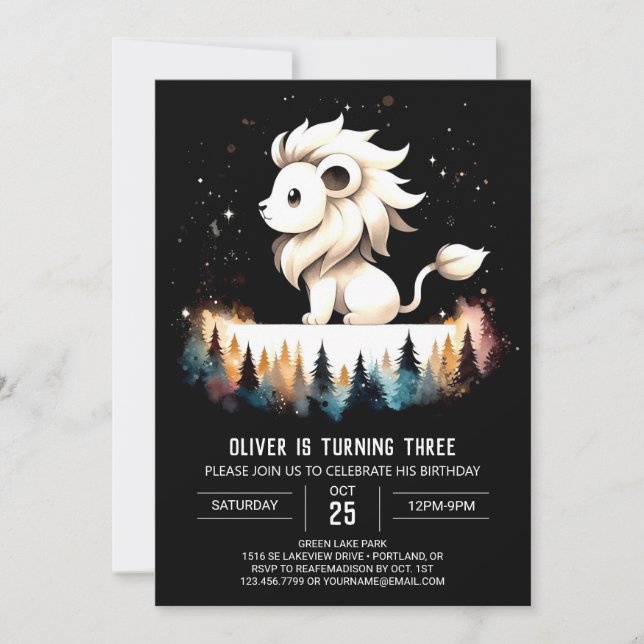 Fantasy Watercolor Lion Birthday Invitation (Front)