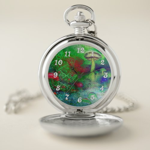 Fantasy Watercolor Mandala and Mushrooms in Green  Pocket Watch